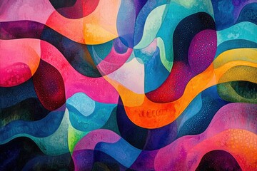 Wall Mural - Abstract artwork featuring vibrant, flowing forms in various shades of pink, orange, blue, and purple.