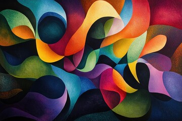 Poster - Abstract artwork showcasing vibrant, interwoven curves and shades of red, orange, yellow, green, blue, and purple.