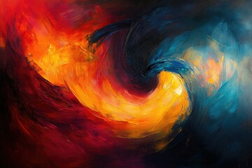 Poster - Abstract swirling artwork depicting contrasting colors of fiery orange and deep blue, creating a dynamic and energetic visual.