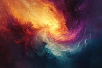 Poster - Abstract swirling nebula, vibrant colors of orange, purple, and teal blend in a cosmic dance.