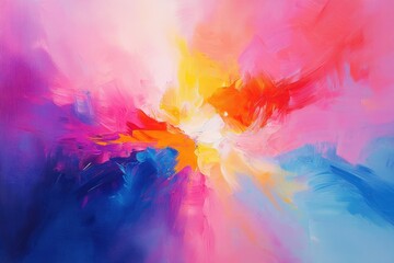 Aufkleber - Vibrant, abstract painting with bold brushstrokes of pink, blue, orange, and yellow creating a dynamic explosion of color.