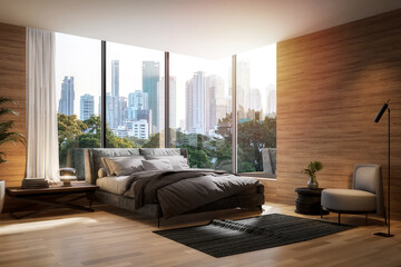 Wall Mural - Modern contemporary bedroom with city view background 3d render, There are wooden floor Decorate with gray fabric furniture ,The room has large windows, Sunlight shines into the room.