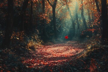 Poster - A single red leaf falls in a mystical autumn forest path, creating a spiral of fallen leaves.