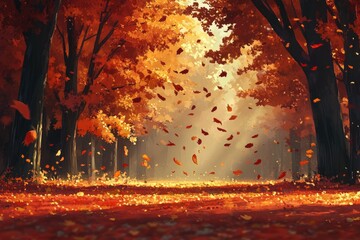 Aufkleber - Autumnal scene: Sunlit path through forest with falling leaves, vibrant orange and red hues.