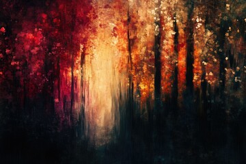 Poster - an autumnal forest path, bathed in warm, golden light, depicted with expressive brushstrokes and ric