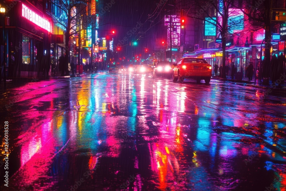 Rainy night city street scene reflecting vibrant neon lights on wet ...