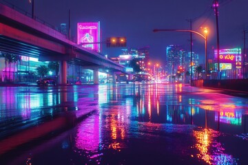 Poster - Neon-lit city street at night, reflecting in rain-slicked pavement, vibrant colors and futuristic vibe.