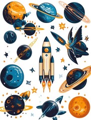 Poster - Cosmic adventure stickers featuring planets, rockets, and stars designed for creative projects and space enthusiasts. Generative AI