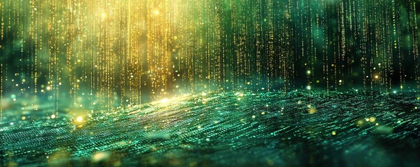 Poster - Mesmerizing digital rainfall displaying golden particles over a green ocean abstract art serenity digital art