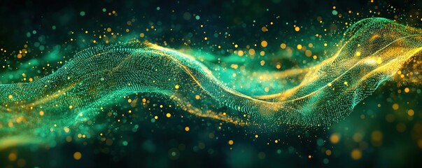 Poster - Dynamic green and gold light waves abstract background digital art dark environment close-up view visual energy