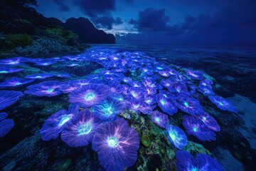 Poster - A breathtaking underwater scene at night, showcasing vibrant bioluminescent coral polyps in shades of blue and purple.