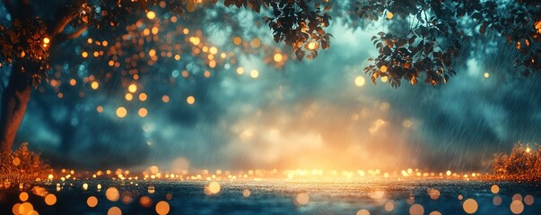 Poster - Enchanting light reflections serene forest setting atmospheric photography nighttime glow dreamlike environment