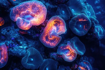 Poster - Vibrant bioluminescent coral reef glows in deep ocean, showcasing intricate details and dazzling colors.