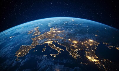 Wall Mural - view of the Earth from space, showing it with lights glowing in Europe and Africa at night. The planet is seen against the black sky. 