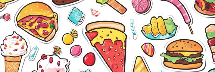 Aufkleber - Fun and colorful stickers of playful pizza slices and various tasty treats for creative projects. Generative AI