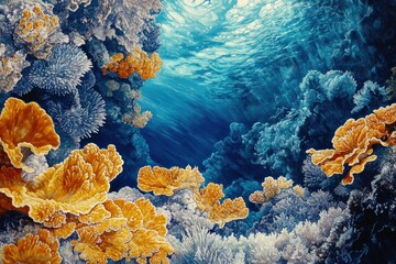 Poster - Vibrant underwater scene showcasing diverse coral reef formations in shades of gold and blue, bathed in sunlight.