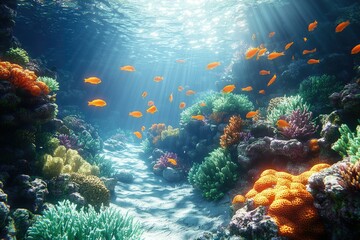 Poster - Vibrant coral reef teeming with diverse marine life, sunlit underwater scene.