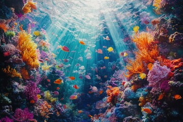 Poster - Vibrant coral reef teeming with colorful fish, bathed in sunlight penetrating the ocean surface.
