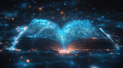 Poster - Exploring digital transformation through an open book virtual space 3d art futuristic environment close-up view