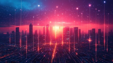 Poster - Urban sunset visualization city skyline digital art futuristic environment aerial perspective technology concept