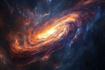 Poster - Fiery spiral galaxy swirling in cosmic dust and stars, a vibrant celestial spectacle.