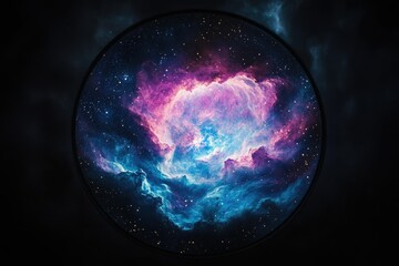 Poster - A vibrant nebula, swirling cosmic clouds of pink and blue hues, speckled with countless stars in the vast expanse of space.