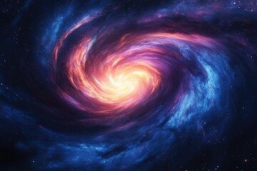 Poster - A vibrant spiral galaxy with swirling colors of orange, pink, and blue, set against a backdrop of dark space and distant stars.