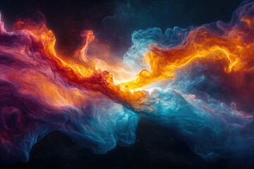 Poster - Abstract cosmic artwork depicting a vibrant collision of fiery orange and cool blue nebulae in space.
