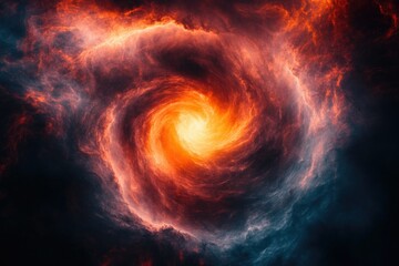 Poster - Fiery cosmic swirl, a mesmerizing vortex of orange and blue nebulae, glowing brightly at its core.