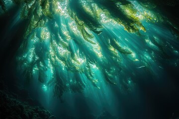 Aufkleber - Sunbeams illuminate a lush underwater kelp forest, creating a magical, ethereal scene.