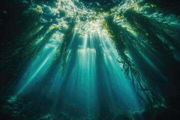 Poster - Sunbeams pierce through a dense kelp forest, illuminating the underwater world with ethereal light.