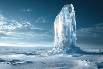 Poster - A majestic ice crystal, a towering glacial formation, stands solitary on a frozen, snow-covered expanse under a vast sky.