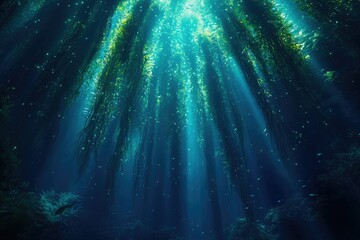 Poster - Sunbeams illuminate a kelp forest, creating a magical underwater scene.