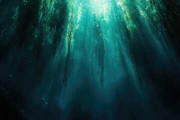 Poster - Sunbeams illuminate a dense kelp forest, creating an ethereal underwater scene.