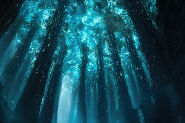Aufkleber - Enchanted forest at night, tall trees glowing with ethereal light, magical scene.