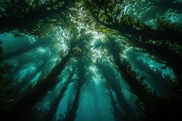 Aufkleber - Sunbeams pierce a kelp forest, creating a mystical underwater scene of tall, swaying seaweed.
