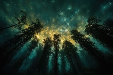 Poster - An ethereal underwater forest canopy, bathed in a golden, starlit sky, creating a magical, dreamlike scene.