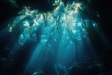 Poster - Sunbeams penetrate a kelp forest, illuminating the underwater landscape with ethereal light.