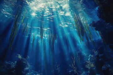 Poster - Sunbeams illuminate an underwater kelp forest, creating a serene and mystical scene.