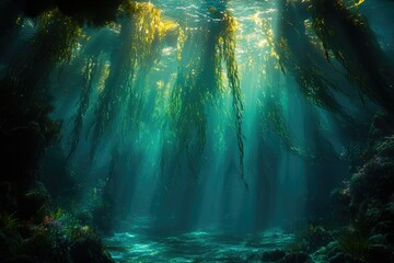 Poster - Sunbeams illuminate an underwater kelp forest, creating a serene and mystical atmosphere.