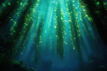 Poster - Sunbeams illuminate a lush kelp forest, creating an ethereal underwater scene.