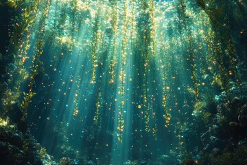 Aufkleber - Sunbeams illuminate an underwater kelp forest, creating a magical, ethereal scene with glowing particles.