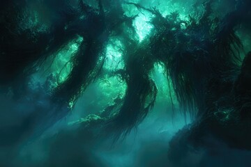 Poster - Submerged, ethereal forest; ancient, moss-draped trees loom in a mystical, underwater realm.