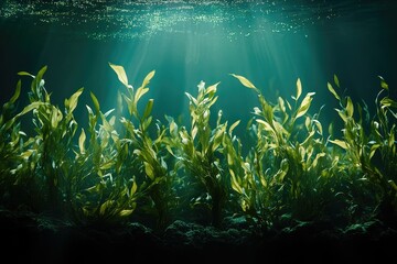 Aufkleber - Sunbeams illuminate lush underwater kelp forest, vibrant green seaweed thrives in deep ocean.