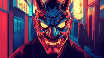 Wall Mural - Enigmatic figure in ornate japanese oni mask haunting smile cinematic urban alleyway neon lights rainslicked streets cyberpunk aesthetic. Haunted Neon Streets. Illustration