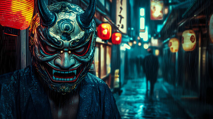 Enigmatic figure in ornate japanese oni mask haunting smile cinematic urban alleyway neon lights rainslicked streets cyberpunk aesthetic. Haunted Neon Streets. Illustration