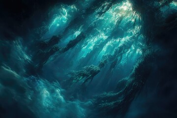Poster - Sunbeams illuminate an underwater forest of kelp, creating a mystical, ethereal scene.