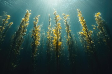 Aufkleber - Sunbeams illuminate a vibrant underwater kelp forest, showcasing the intricate beauty of marine life.