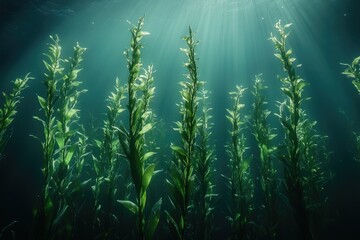 Poster - Sunbeams illuminate a lush underwater kelp forest, showcasing vibrant green seaweed.
