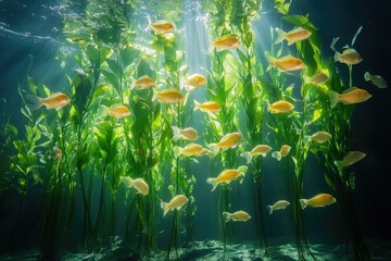 Aufkleber - A school of vibrant yellow fish swim amidst lush green kelp forest, sunbeams illuminating the underwater scene.